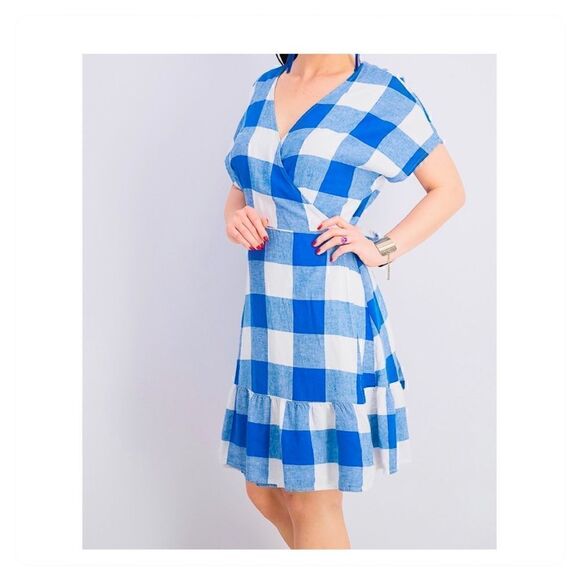 Old Navy Size Large Petite LP Blue & White Plaid Linen Summer Wrap Dress - Picture 3 of 14